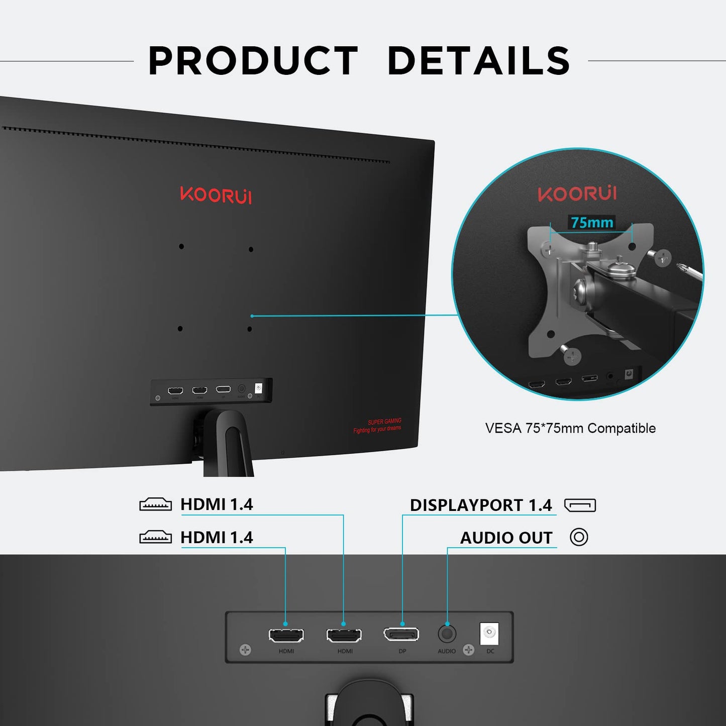KOORUI Gaming Monitor 27 Zoll, 170Hz, IPS, 2K QHD(2560 x 1440p), HDR 400, 1ms, Adaptive Sync, DisplayPort, HDMI, 100% sRGB, Höhenverstellbar, Augenpflege, VESA 75x75