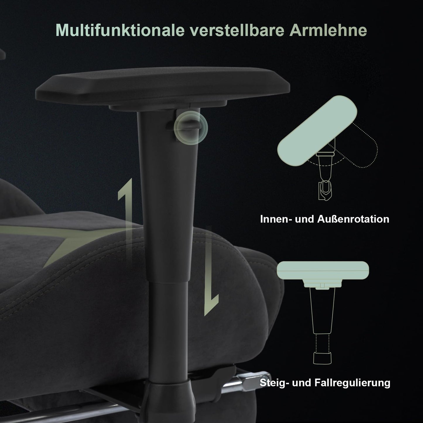 STARUZI Gaming Stuhl aus Wildlederimitat Stoff, Ergonomischer PC Stuhl, Gamer Stuhl mit Fußstütze, Atmungsaktiver Game Drehsessel mit Verstellbare Armlehne, Grau-Grün