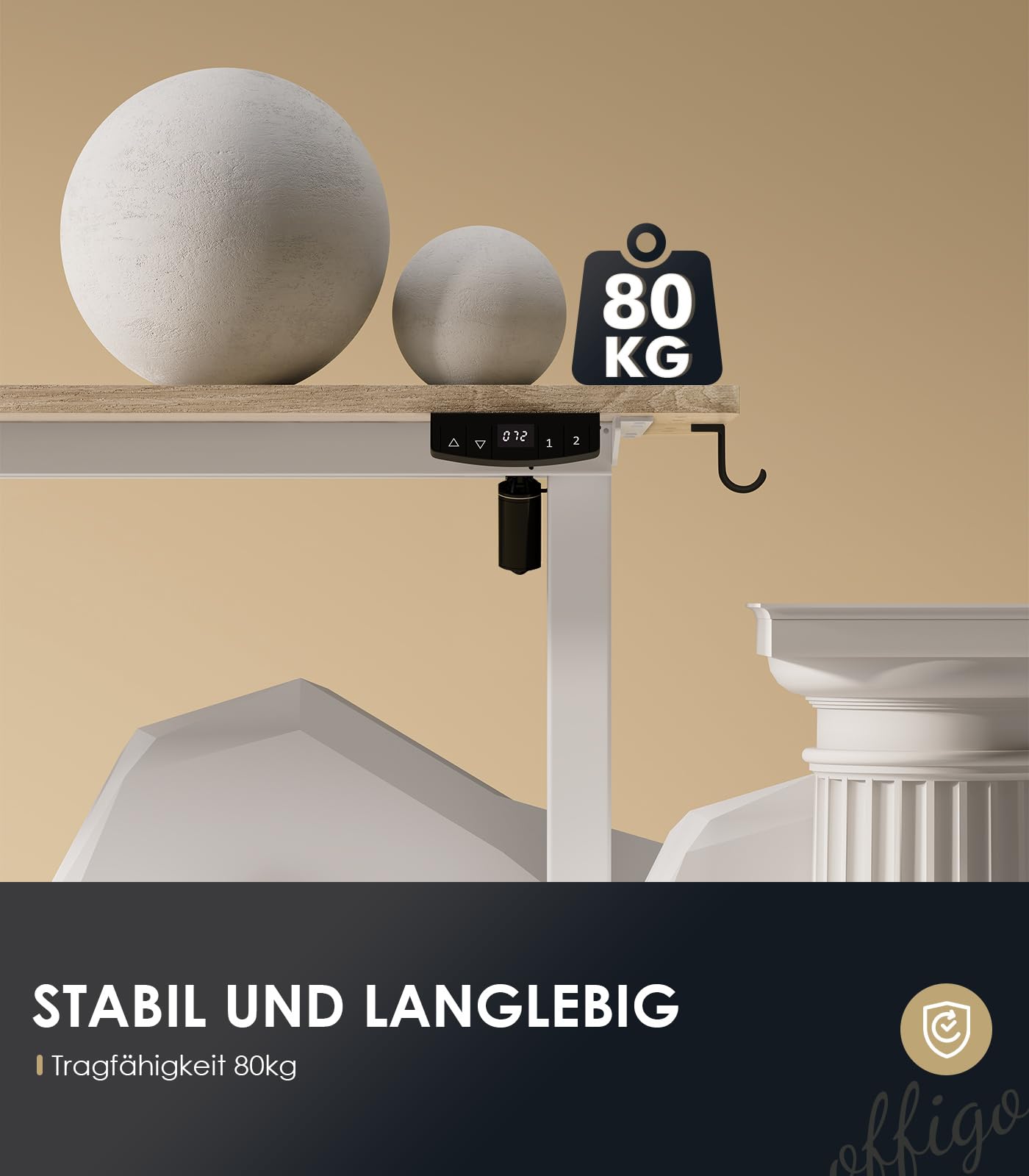 OffiGo Höhenverstellbarer Schreibtisch, 180cm, Elektrischer Schreibtisch mit USB, Schreibtisch Höhenverstellbar mit 2 Memory Funktion, Tisch Höhenverstellbar für Büro, Zuhause, Gaming, Schwarz