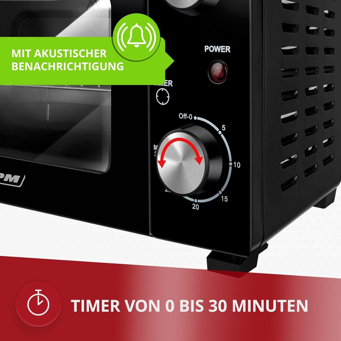 MPM Freistehender Elektrobackofen 10 Liter, Mini Ofen, Heißluft, 800W, Schwarz