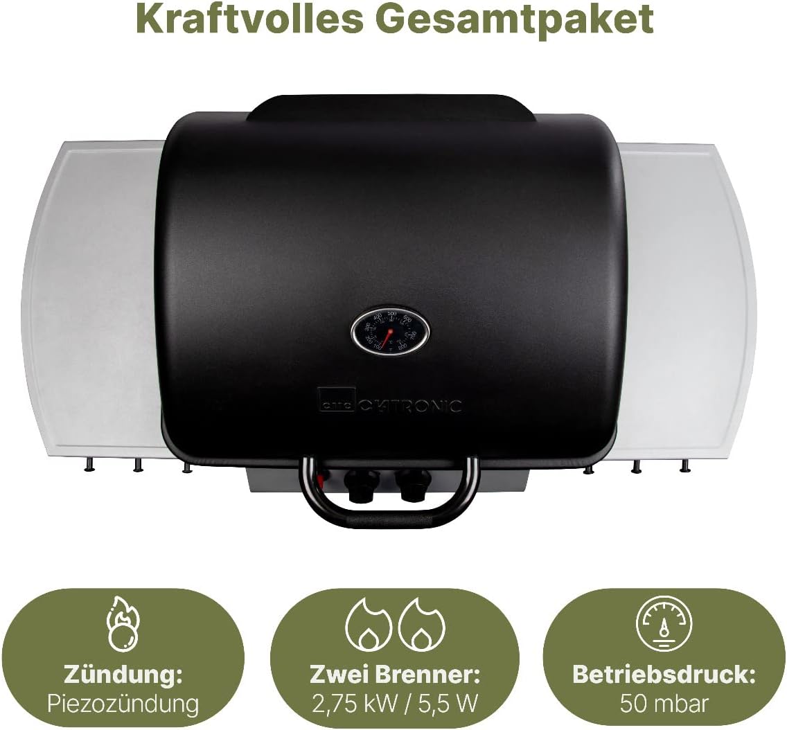 Clatronic® Gasgrill mit 2 Heizzonen | individuelle Temperatursteuerung | inkl. Grillrost + Warmhalterost | Grill mit praktischem Ablagekorb und großem Stauraum für Gasflasche | GG 3590