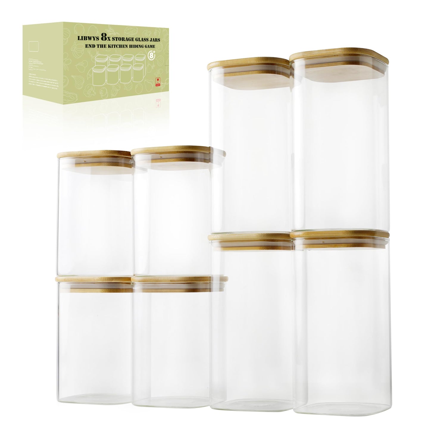 LIBWYS 12er Set Vorratsgläser mit Deckel Eckig Vorratsdose Glas - in 3 Größen: 720ml;1150 ml; 1580 ml - 12pcs Plus Edition