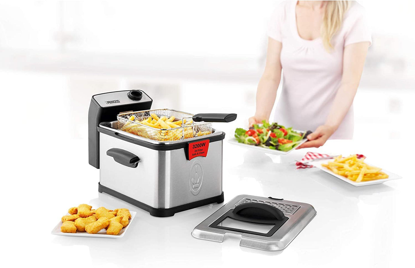 Princess 183001 Edelstahl Fritteuse mit 3 Liter Fassungsvermögen, Ölfilter und Kaltzonenfunktion, entnehmbarer Edelstahl-Behältereinsatz, Silber 01.183001.050