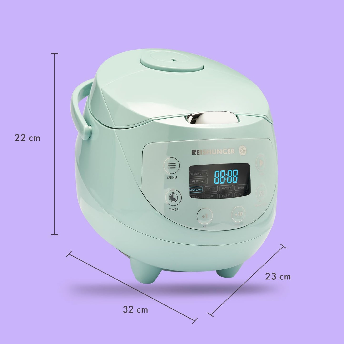 REISHUNGER Digitaler Reiskocher klein, schwarz | 0,6 L bis 3 Personen | Warmhaltefunktion, Timer & Premium Topf | Kleiner Multikocher & Dampfgarer, 8 Programme, 7-Phasen-Technologie