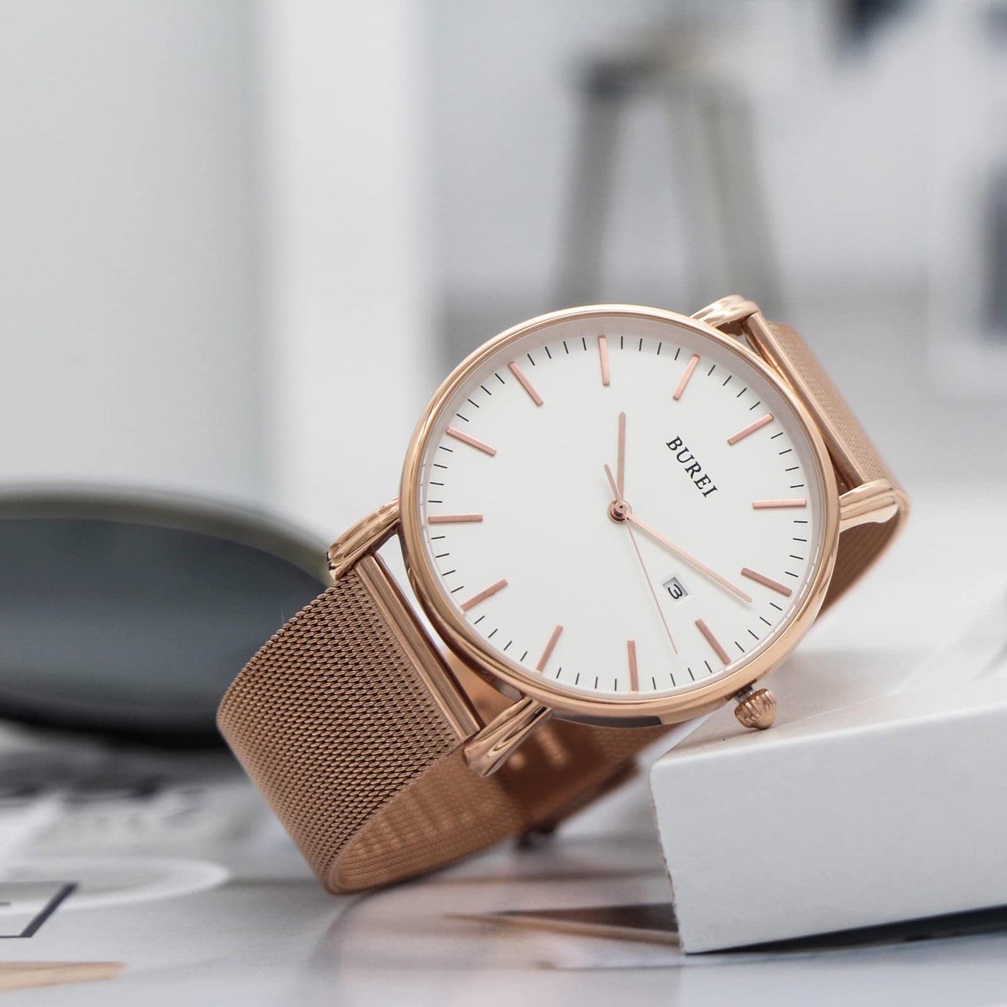 BUREI Ultra Dünne Uhren Herren Schwarze Analoges Datum Armbanduhr Herren mit Japanisches Quarzwerk, Geschenke für Männer