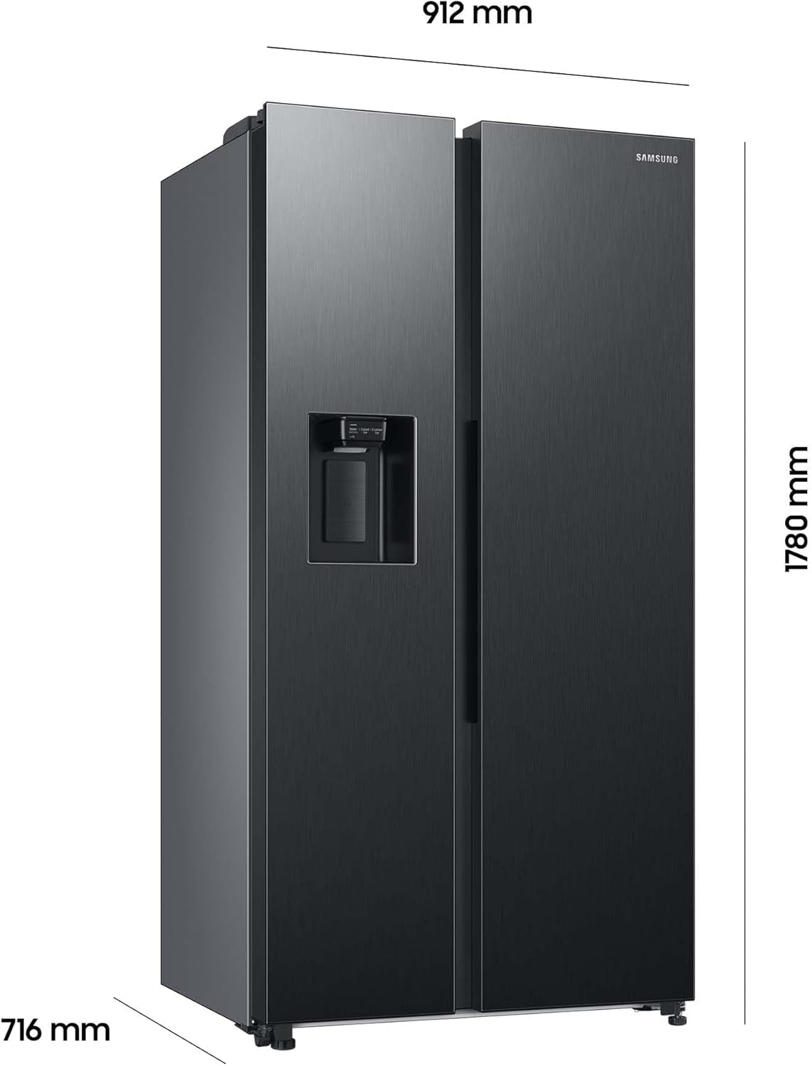 Samsung side-by-side refrigerator with freezer compartment, 178 cm, 634 l total volume, 225 l freezer compartment, AI Energy Mode, water and ice dispenser, fresh water connection, Premium Black Steel