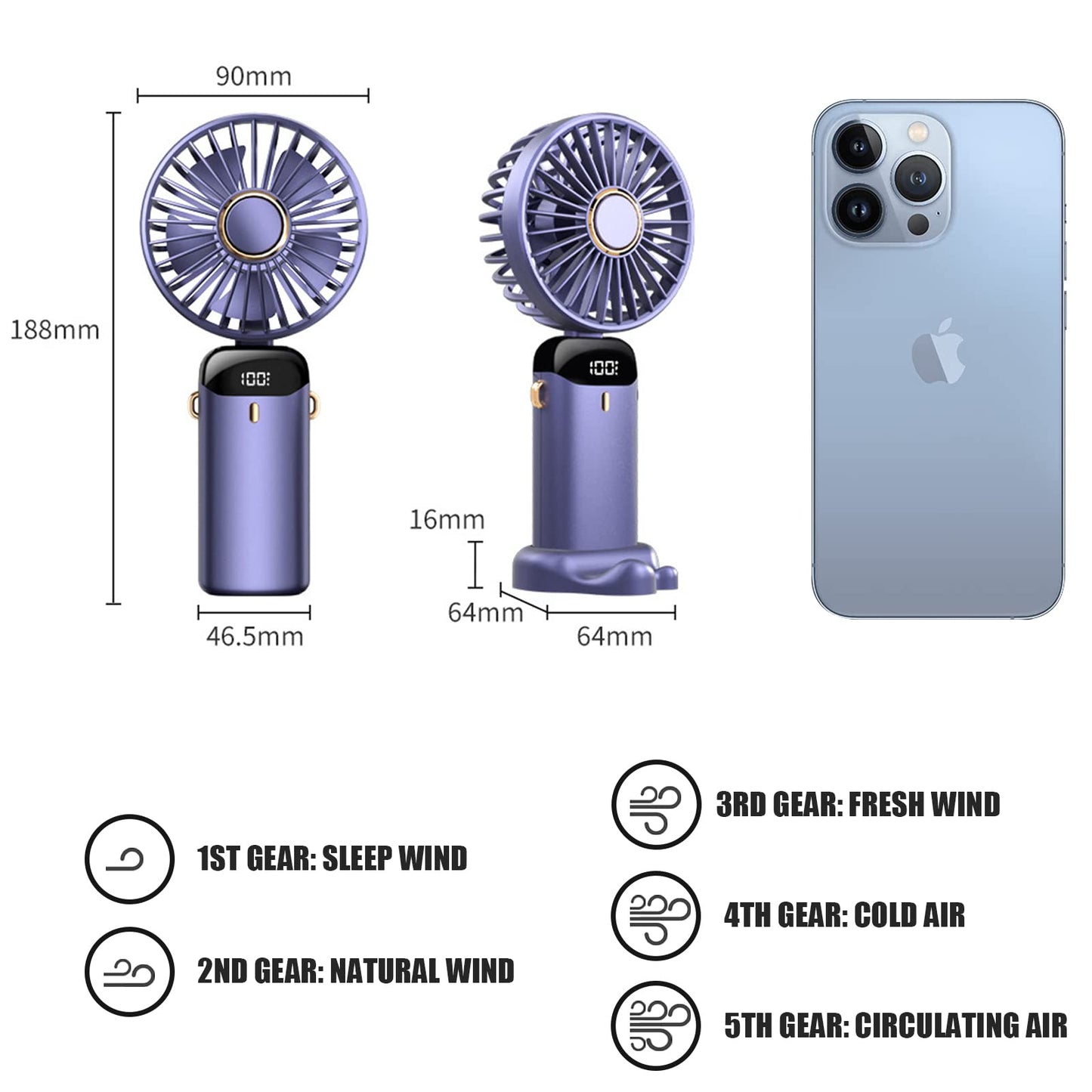 Jsdoin Handventilator, Tragbarer Mini Ventilator, Wiederaufladbar, Kleiner Taschenventilator Mit 5 Geschwindigkeitsstufen, Faltbarer USB-Ventilator für Büro, Outdoor (Dunkelblau)
