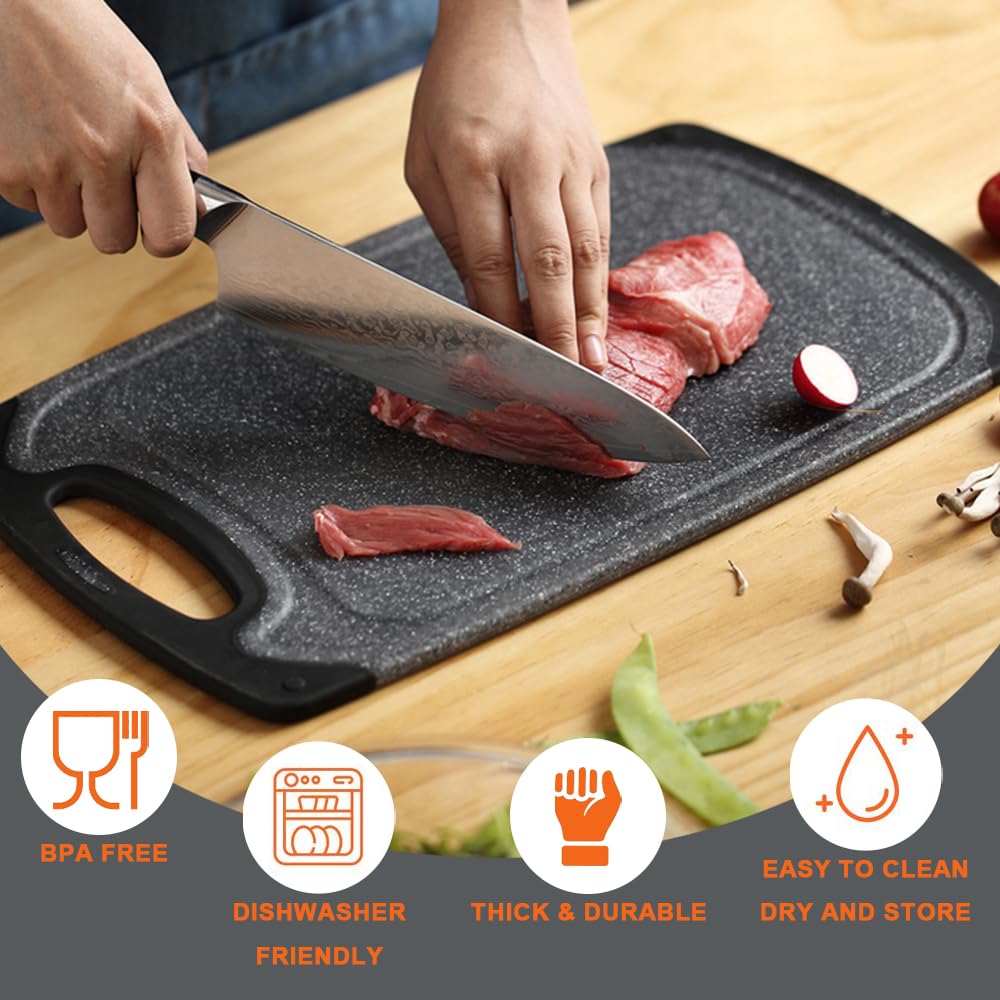 SHURFFY Schneidebrett Kunststoff mit Saftrillen und Rutschfeste Griffe Professionelles Schneidebrett Set, 3 Stücke Cutting Board, BPA-Free, Spülmaschinenfest Küchenbrett
