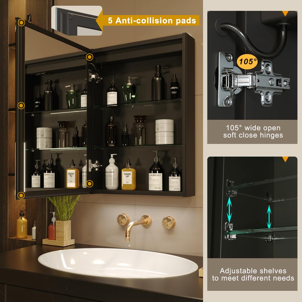KWW LED Beleuchtetes Badezimmer Medizin Kabinett mit Spiegel, Farbtemperatur Einstellbar, Anti-Nebel Dimmbare Lichter, Steckdosen für USBs (80 x 70 cm)