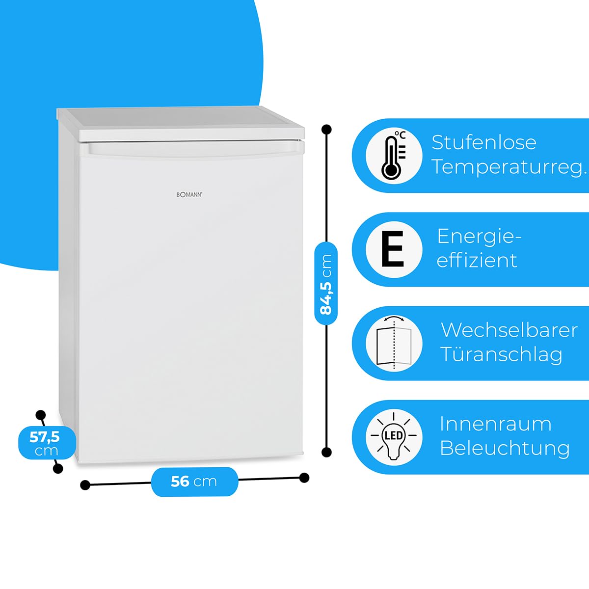 Bomann® Kühlschrank mit Gefrierfach | Kühlschrank klein mit 120L Nutzinhalt | Kühlen 107L & Gefrieren 13L | Fridge mit 3 Türablagen & 2 Glasablagen | wechselbarer Türanschlag