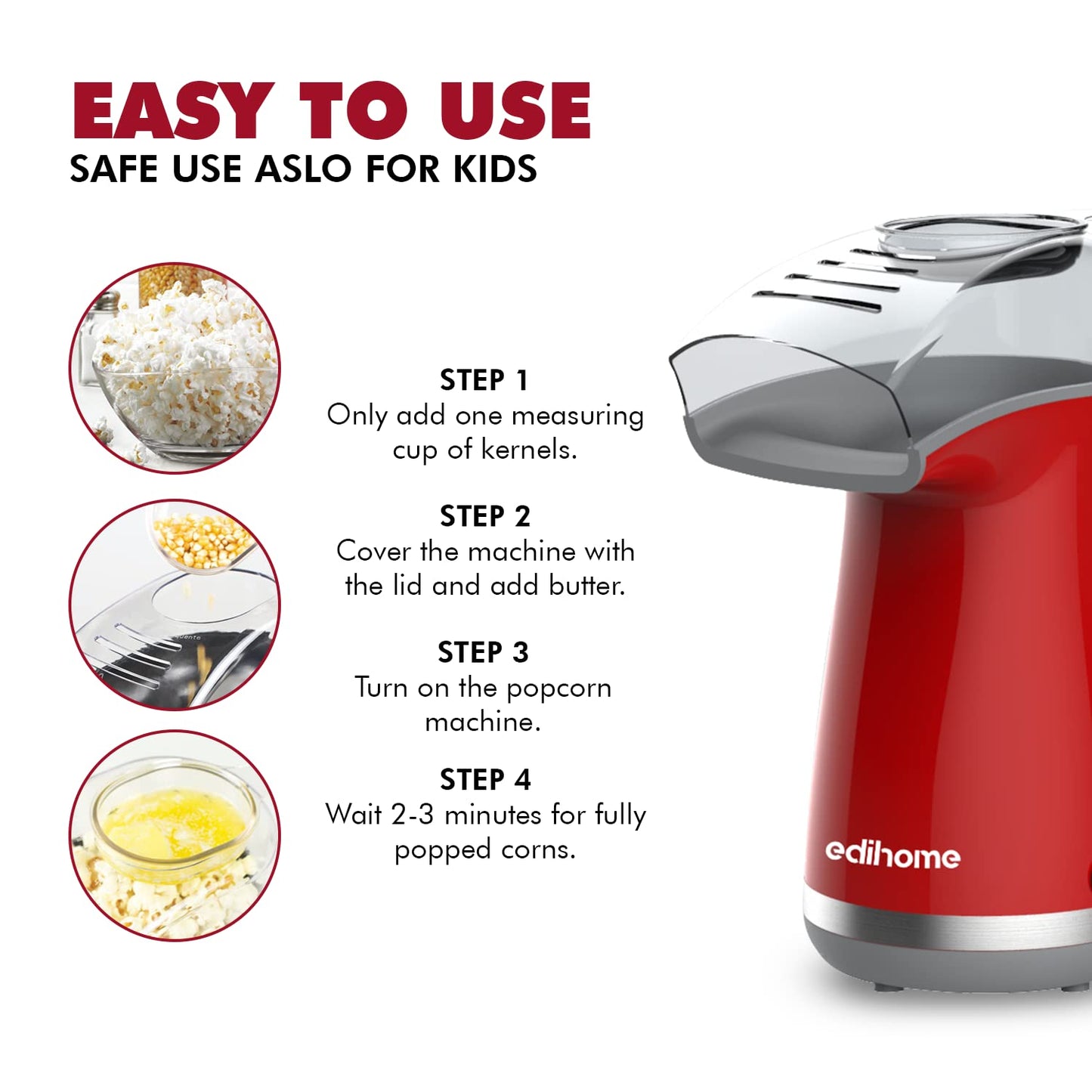 Edihome, Popcornmaschine, Popkornmaschinene, Elektrischer Popcorn Maker, 1200 W, Inklusive Dosierlöffel, Popkorn fertig in 2 Minuten, Heimkino, Series (Rot)