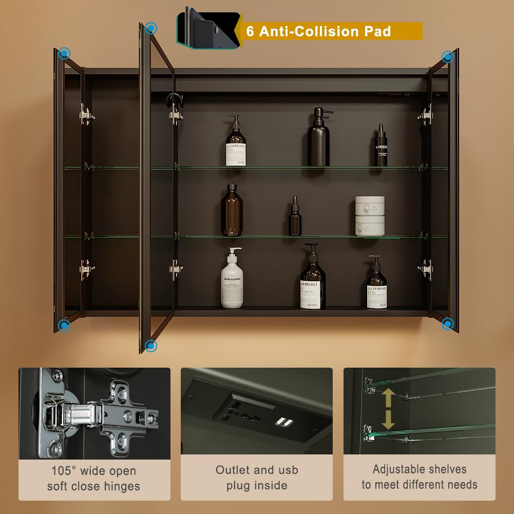 KWW LED Beleuchtetes Badezimmer Medizin Kabinett mit Spiegel, Farbtemperatur Einstellbar, Anti-Nebel Dimmbare Lichter, Steckdosen für USBs (80 x 70 cm)