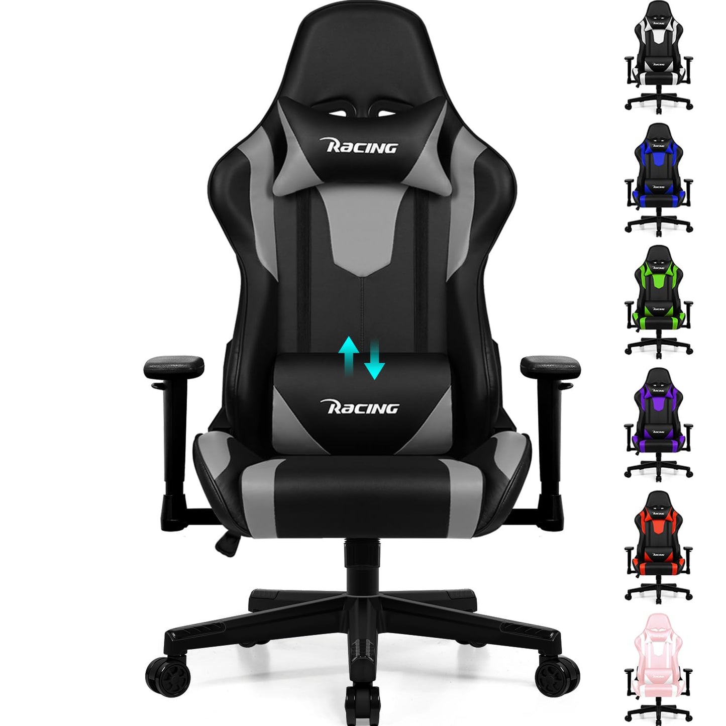 Homimaster Gaming Chair, Ergonomic Office Chair with Adjustable Lumbar Cushion, Head Cushion and Armrests, Padded Gaming Chair, Gamer Chair with Rocking Function, Gaming Chair 150 kg Load Capacity