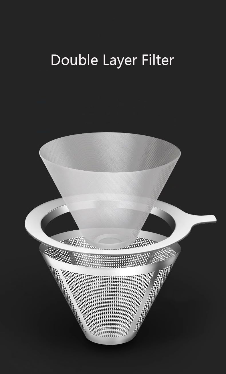 YunNasi Pour Over Kaffeebereiter Hand Kaffee Edelstahl Handfilter aus Glas mit Permanentfilter Schwarz