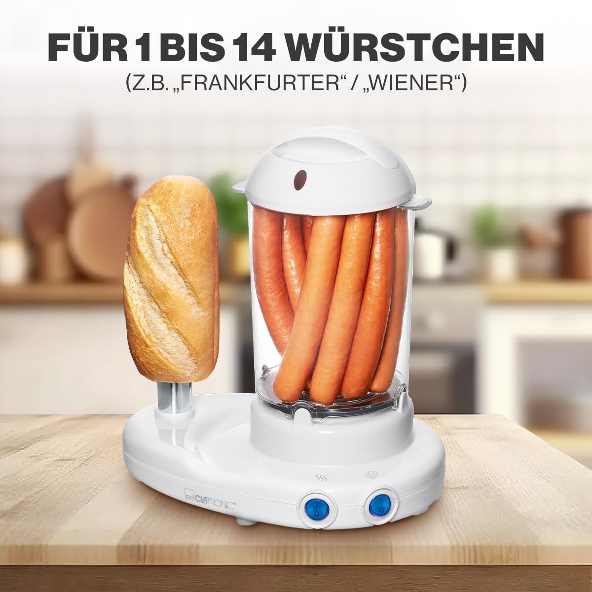 Clatronic® 2in1 Hot Dog Maker & Eierkocher | Hotdog Maker Set für 1-14 Würstchen | Egg Cooker für bis zu 6 Eiern | mit beheiztem Edelstahl-Aufsteckdorn | inkl. Messbecher mit Eipicker | HDM 3420 EK N