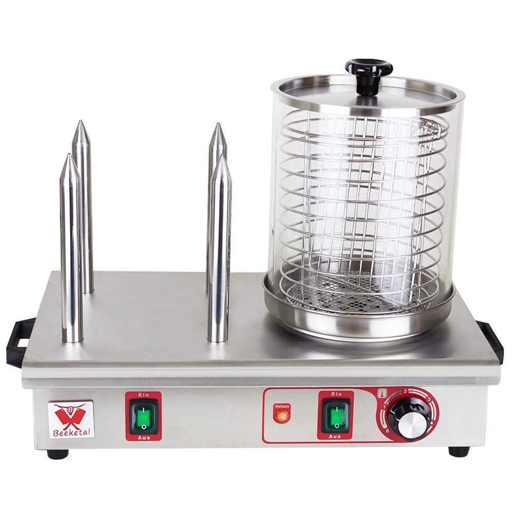 Beeketal 'BHG06b' professional gastro hot dog maker with 2 heating skewers and 140 mm basket diameter, stainless steel hot dog machine for heating sausages and warming up hot dog buns, stainless steel version