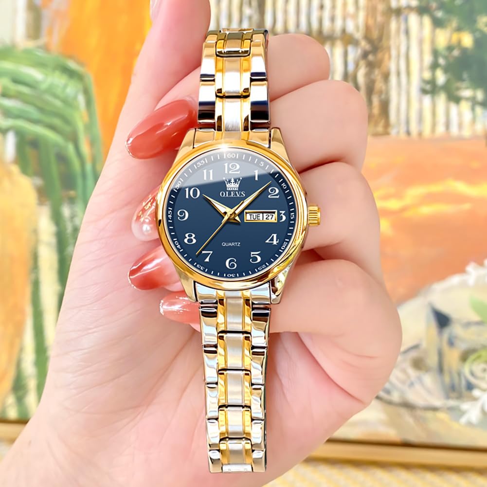 OLEVS Damenuhren Gold Silber Leicht zu Lesen Armbanduhren für Damen mit Kleines Gesicht Tag Datum Edelstahlband wasserdichte