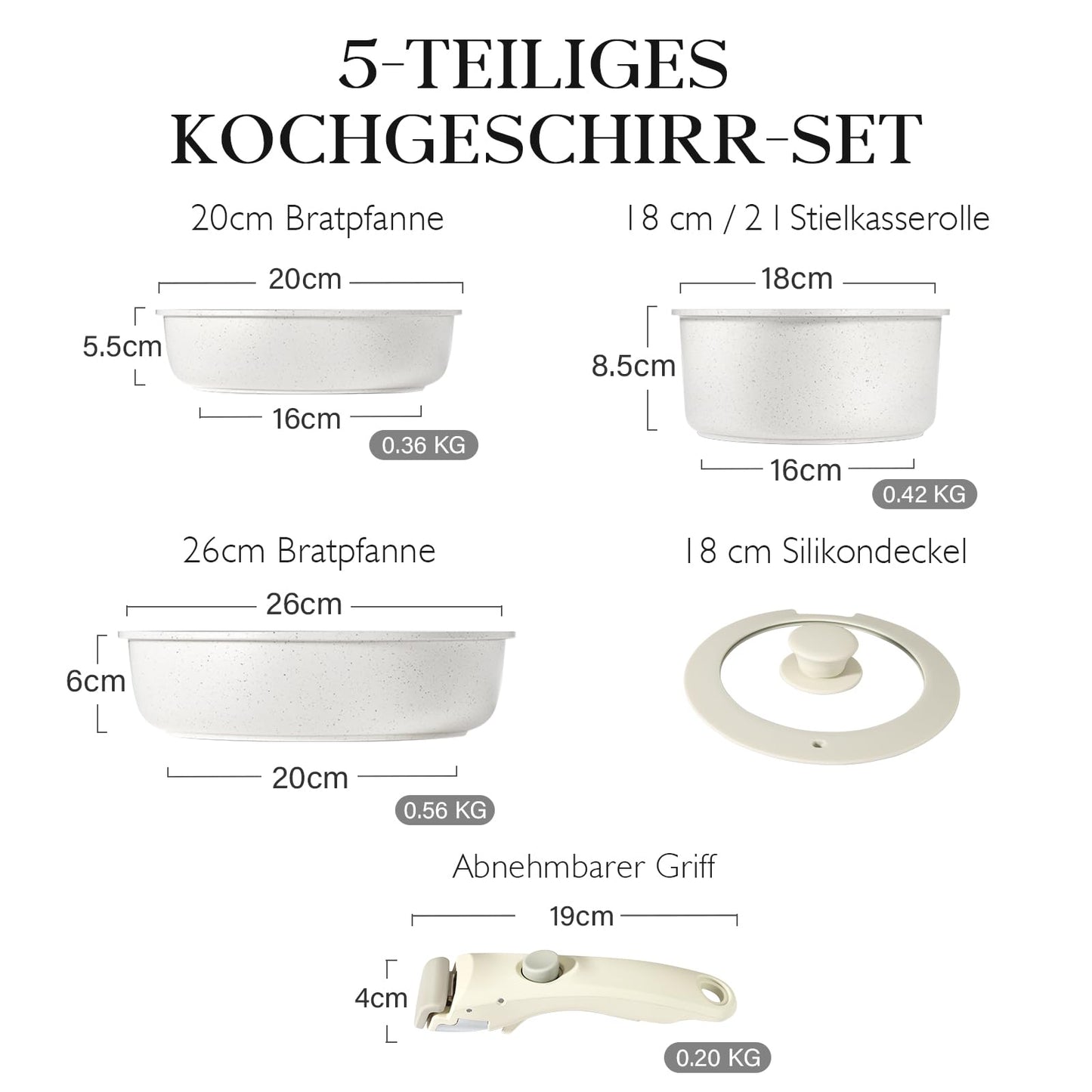 GiPP Topfset mit Abnehmbarer Griff, 11-Teilig Topf und Pfannenset mit Antihaft Beschichtet, Topfset Induktion Kochtopf Set, Backofenfest, für Alle Herdarten, PTFE/PFOA-frei, Weiß