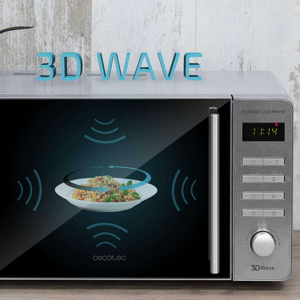 Cecotec Mikrowelle Pro Clean 5110 Inox. 700 W, Grill 800 W, 20 L, Ready 2 Clean, Beschichtung 3D Wave Frontspiegel, 8 Programme,60 Min Timer, LED, Edelstahl In Silber Schwarz