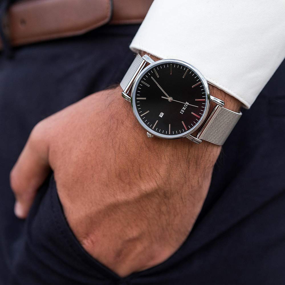BUREI Ultra Dünne Uhren Herren Schwarze Analoges Datum Armbanduhr Herren mit Japanisches Quarzwerk, Geschenke für Männer