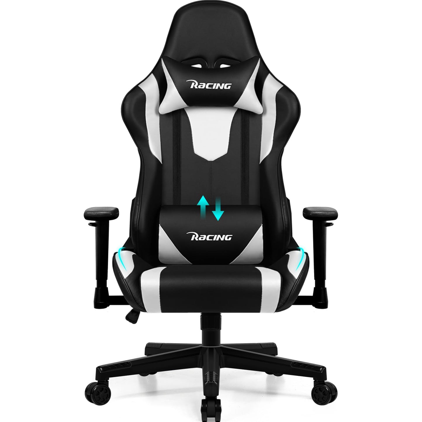 Homimaster Gaming Chair, Ergonomic Office Chair with Adjustable Lumbar Cushion, Head Cushion and Armrests, Padded Gaming Chair, Gamer Chair with Rocking Function, Gaming Chair 150 kg Load Capacity