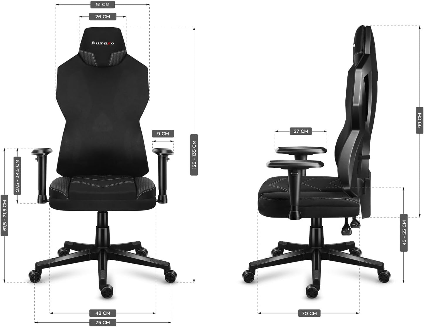huzaro Combat 6.2 Black RGB | LED Beleuchtung Gaming Stuhl PC Bürostuhl Schreibtischstuhl | bis 140 kg belastbar | Verstellbare Rückenlehne Armlehnen Sitzhöhe | Zocker Gamer | Stoff | Schwarz
