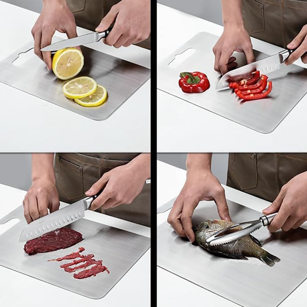 Schneidebrett-Titan, 2 Stücks Schneidbrett Edelstahls, Titaniums Schneidebrett, Doppelseitiges Schneidebretter, Küchenbrett Cutting-Board, Schneidebretter Küchenzubehör(34 x 23cm+25 x 15cm)