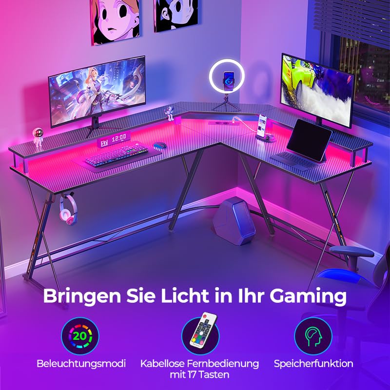 SEVEN WARRIOR Gaming Tisch, Schreibtisch mit LED, Steckdosen, Eckschreibtisch mit Monitorständer, 2 Haken, Ergonomischer Computertisch L Form, 127cm