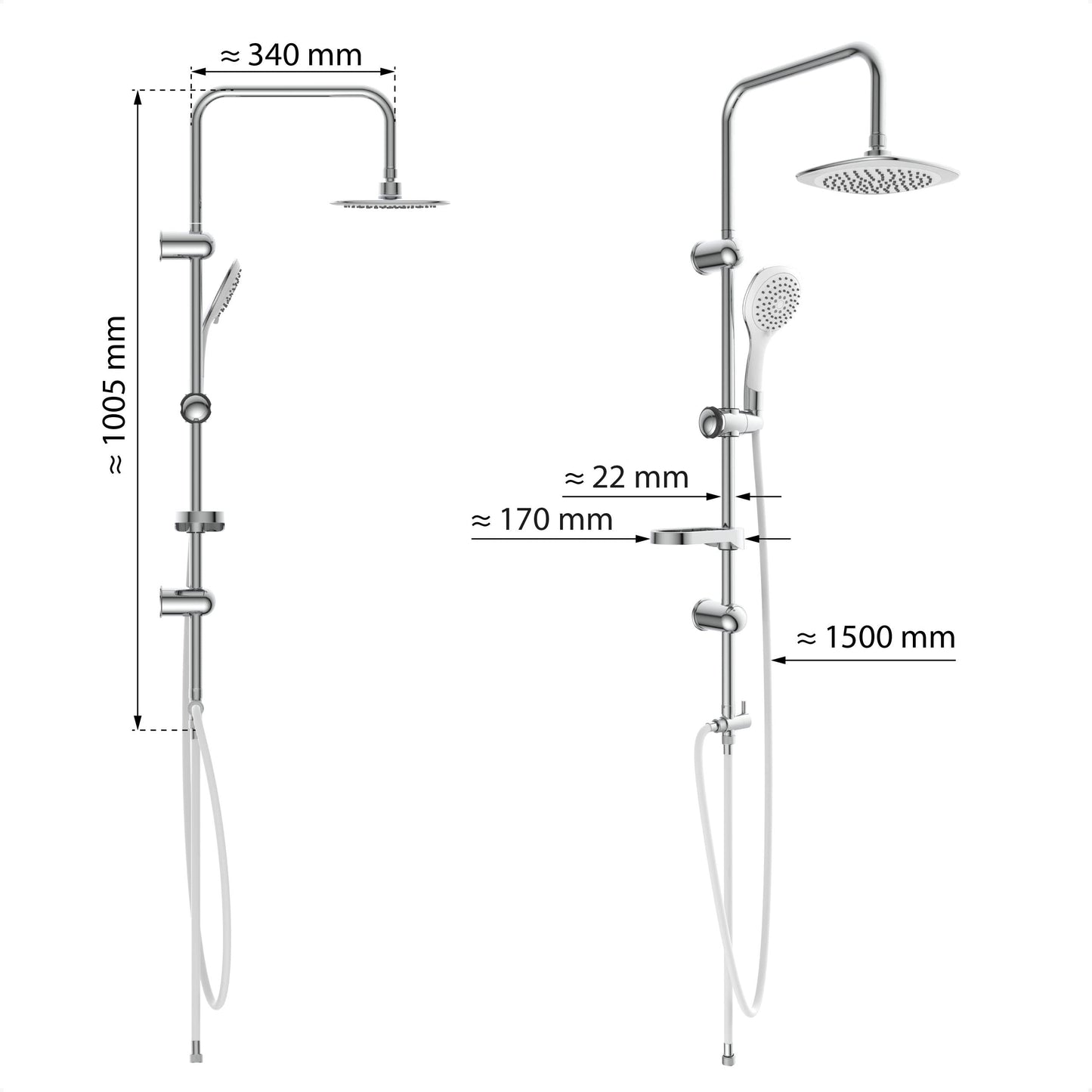 EISL Duschset EASY FRESH, Duschsystem ohne Armatur 2 in 1 mit großer Regendusche (250 x 200 mm) und Handbrause, Regendusche ohne Armatur ideal zum Nachrüsten, komplettes Montageset, Chrom DX12006