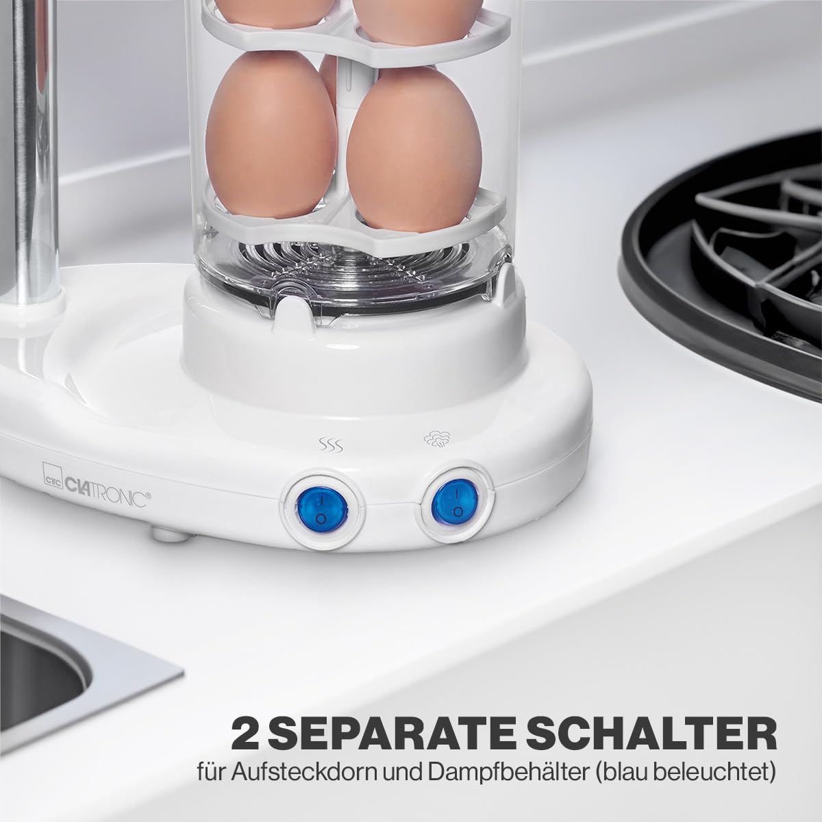 Clatronic® 2in1 Hot Dog Maker & Eierkocher | Hotdog Maker Set für 1-14 Würstchen | Egg Cooker für bis zu 6 Eiern | mit beheiztem Edelstahl-Aufsteckdorn | inkl. Messbecher mit Eipicker | HDM 3420 EK N