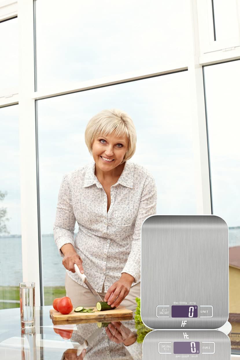 HomeFashion Küchenwaage Edelstahl, Hochpräzise 5kg 1g Digitalwaage mit LCD Display, Tara-Funktion, 6 Maßeinheiten, Batterien inklusive