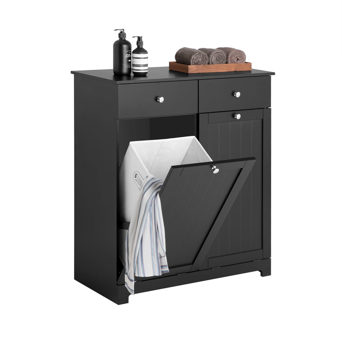 SoBuy Badezimmerschrank mit Wäschekorb Schmaler Badschrank Hoch Badregal Stehend mit 6 Ablagen und 2 Schubladen Wäscheschrank Schmal für Badezimmer Nische Weiß 60x37x171 cm BZR104-W