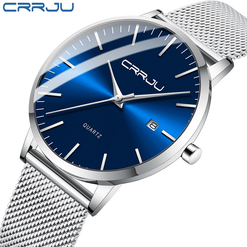 CRRJU Herren Uhr Ultra Dünne Wasserdicht Armbanduhr Herren Mode mit Schwarz Edelstahlband Mesh Analog Quarz Business Männer Uhren