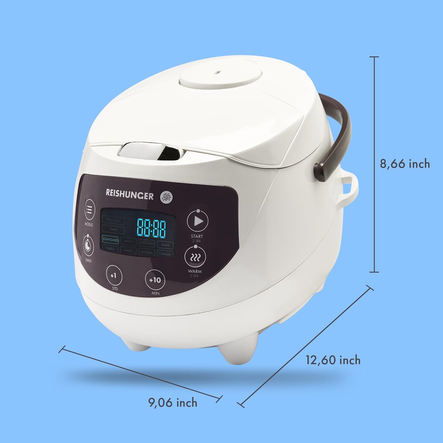REISHUNGER Digitaler Reiskocher klein, schwarz | 0,6 L bis 3 Personen | Warmhaltefunktion, Timer & Premium Topf | Kleiner Multikocher & Dampfgarer, 8 Programme, 7-Phasen-Technologie