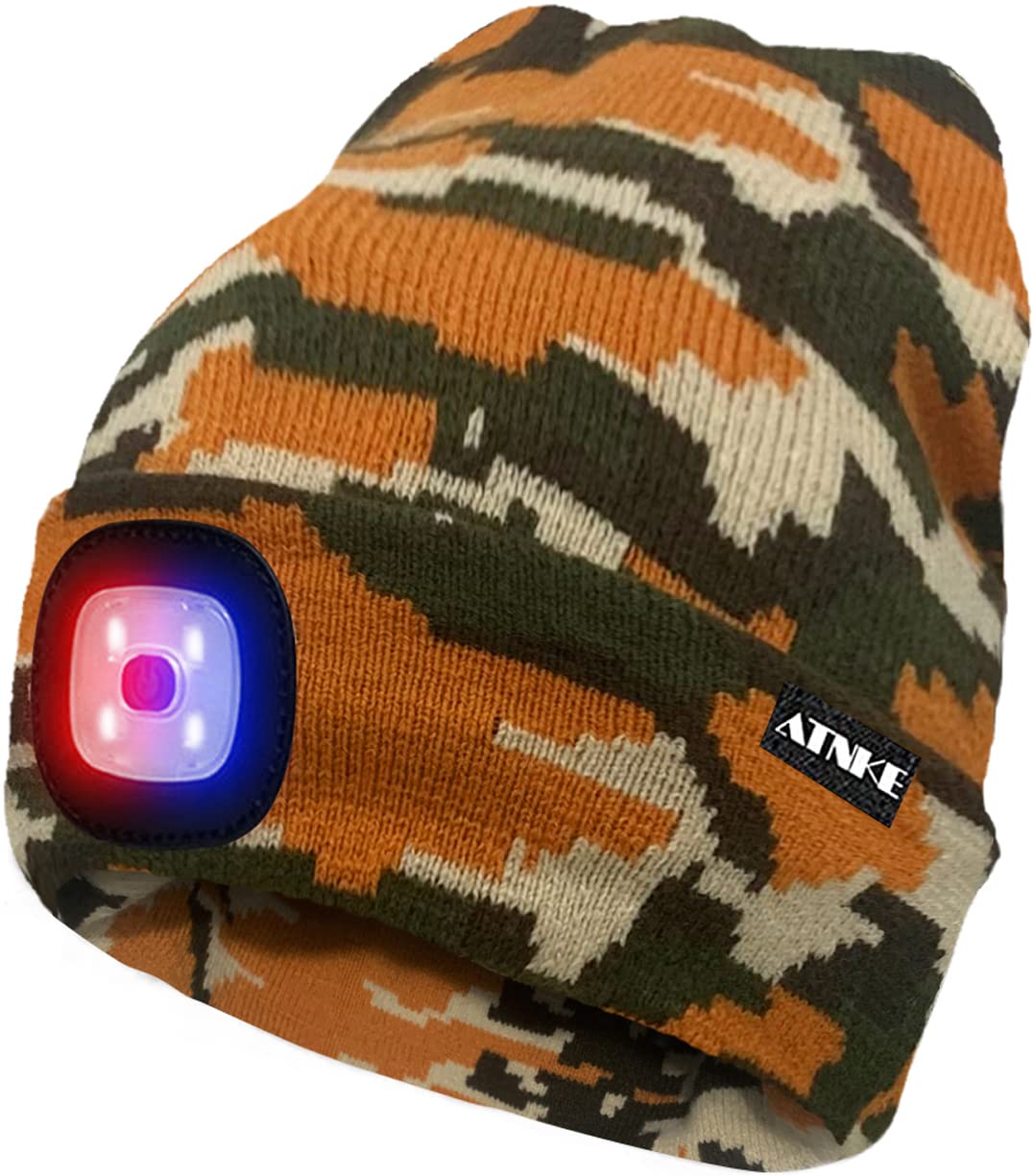 ATNKE LED Beleuchtete Mütze,Wiederaufladbare USB 4 LED Rot und Blau Leuchten Blinkender Laufmütze mit Licht Extrem Heller Lampe Winter Warme für Herren und Damen Geschenke