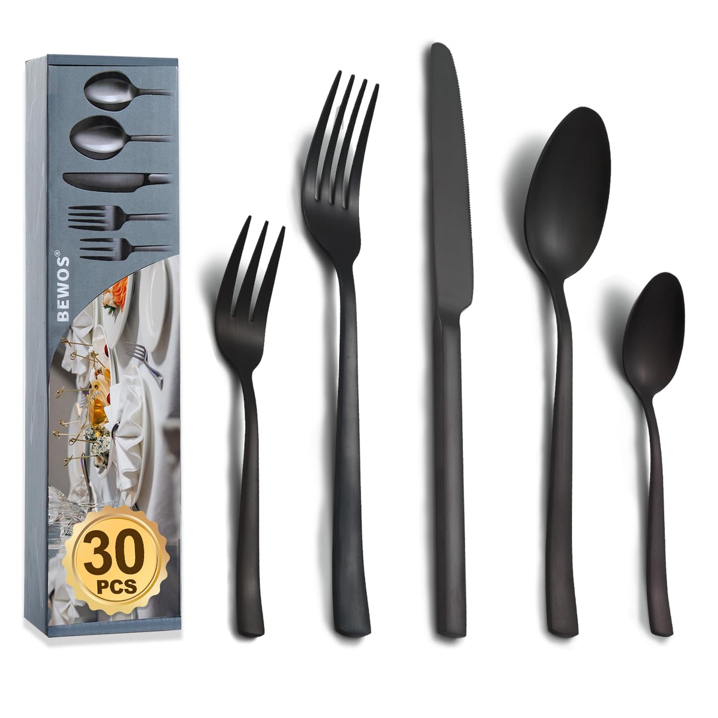 BEWOS Besteck Set für 6 Personen, 30 teilig Essbesteck Set inkl. Messer, Gabel, Löffel, Besteck Edelstahl Spiegelpoliert, Spülmaschinenfest