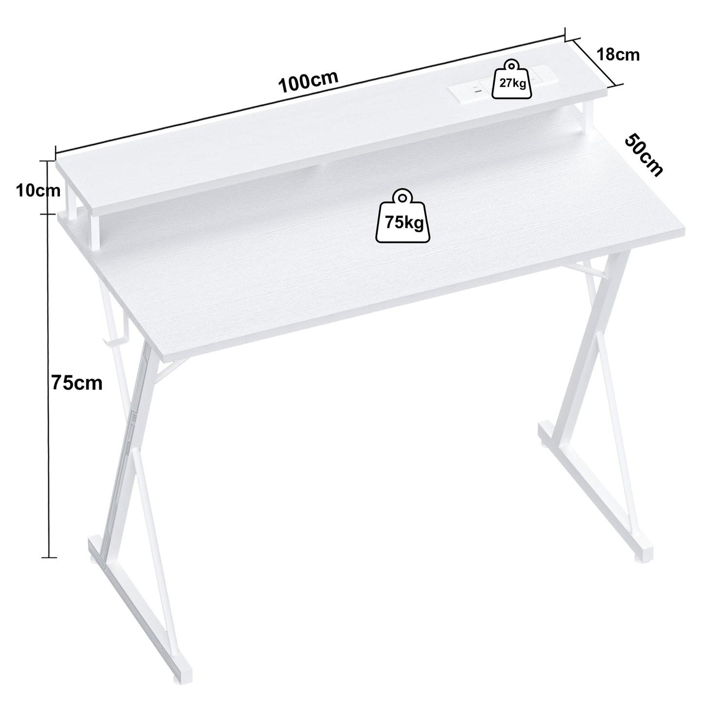 BEXEVUE Gaming Schreibtisch mit Steckdosenleiste LED – 100x50 cm Ergonomic Computer Gamer Tisch, Großer PC Monitorständer, Moderner X Rahmen, Kopfhörerhaken, Studium Arbeit Zuhause Schlafzimmer