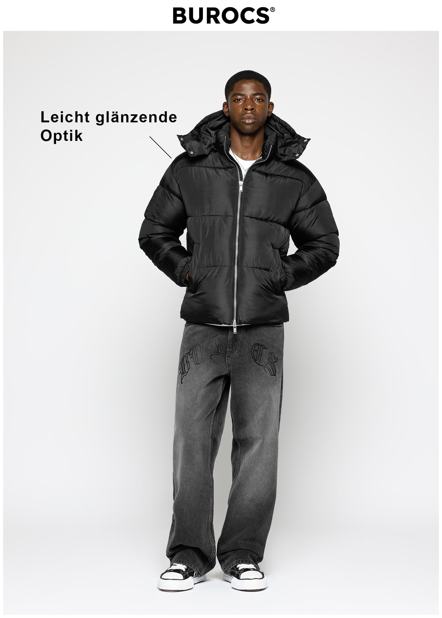 Burocs Hooded Puffer Jacket - Black - Jacke Herren - 2-Wege-Reißverschluss - abnehmbare Kapuze - Logo am Rücken - Kordelzug