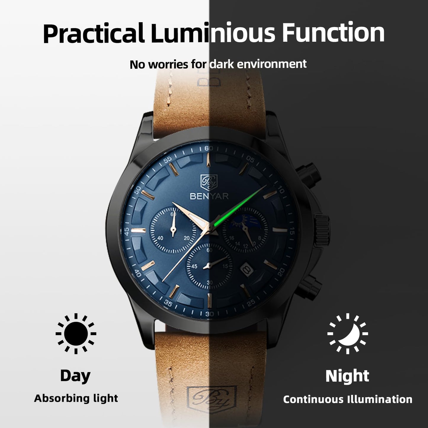 BY BENYAR Uhren Herren Chronograph Analog Quarz Wasserdicht Armbanduhr Herren Mode Lässig Business Herrenuhr mit Kalender Lederarmband/Edelstahlarmband Uhr Geschenk für Männer