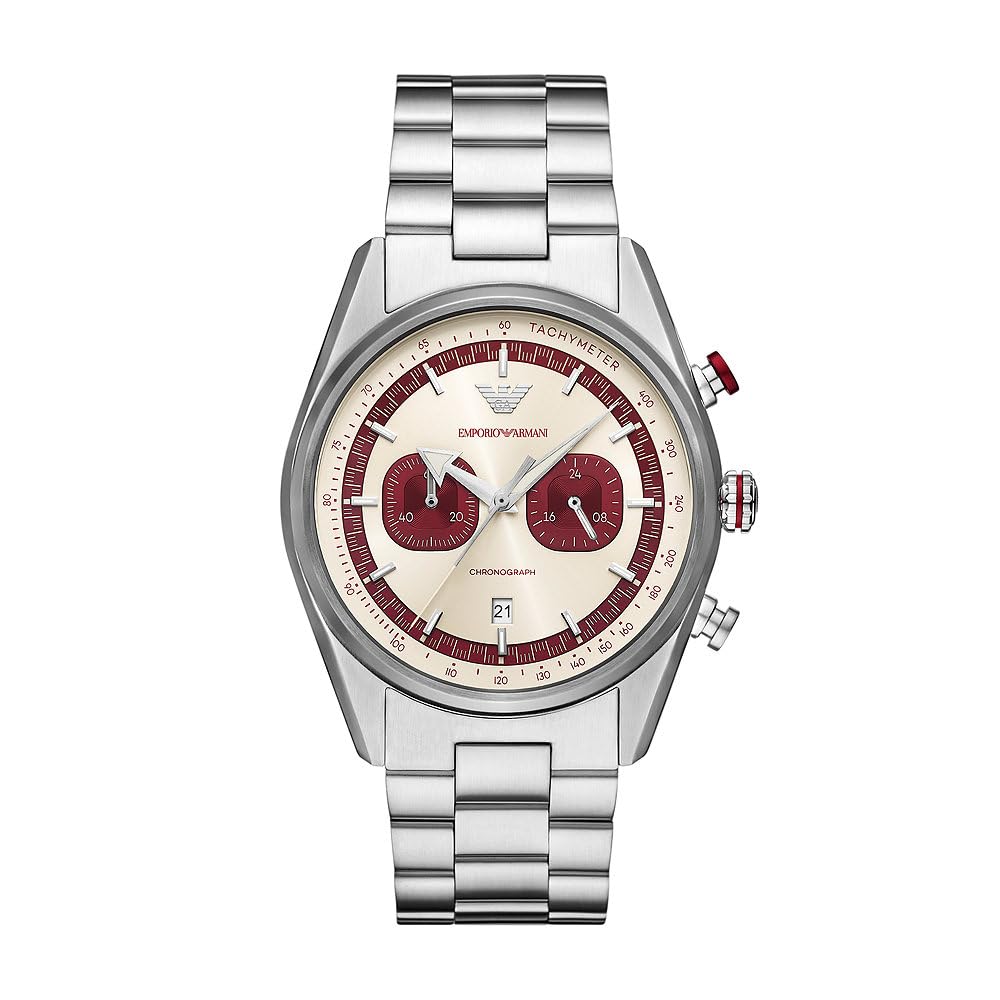 Emporio Armani Uhr für Männer, 2 Unterzifferblätter Chronographenwerk und 43mm Gehäusegröße mit Edelstahl-, Leder- oder Silikonarmband
