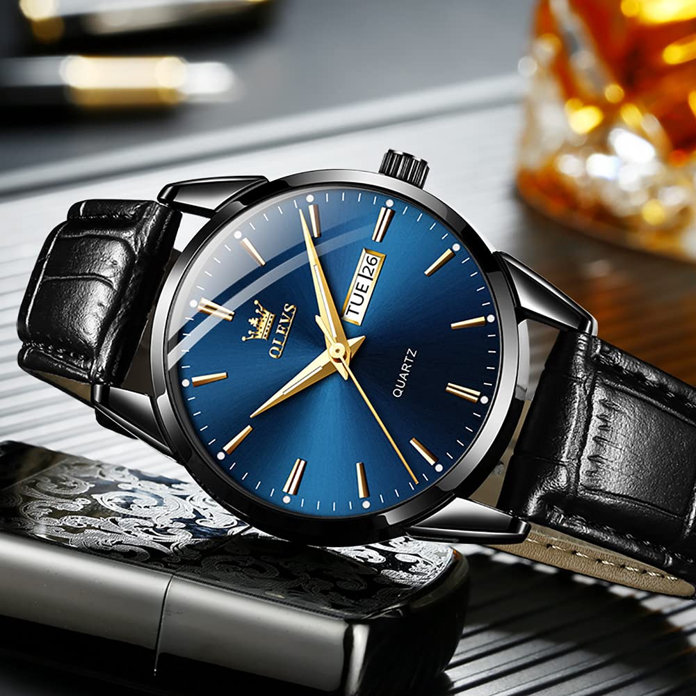 OLEVS Herrenuhren Braune Schwarz Lederarmband Quarz Uhr Männer mit Wochentag Datum Wasserdicht Leuchtende Klassische Elegantes Armbanduhr Geschenk