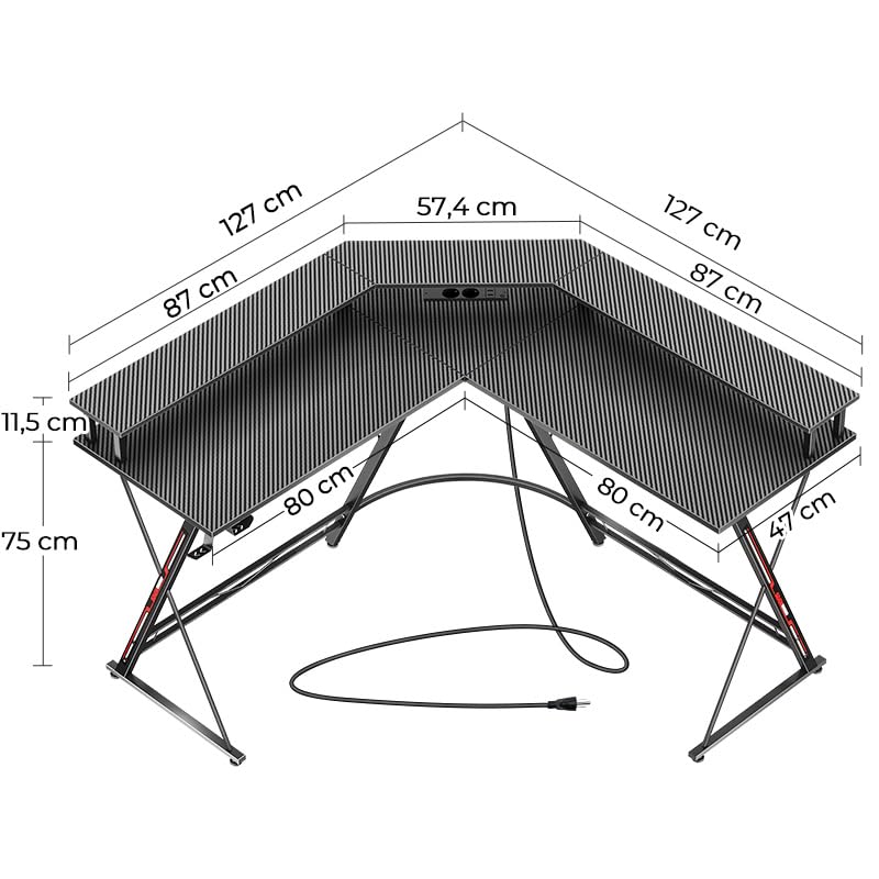 SEVEN WARRIOR Gaming Tisch, Schreibtisch mit LED, Steckdosen, Eckschreibtisch mit Monitorständer, 2 Haken, Ergonomischer Computertisch L Form, 127cm