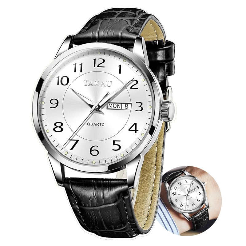 Taxau Klassische Lederuhren für Männer Analog Quartz Big Dial Luxus Armbanduhren Wasserdicht Luminous Day Date Reloj para Hombre