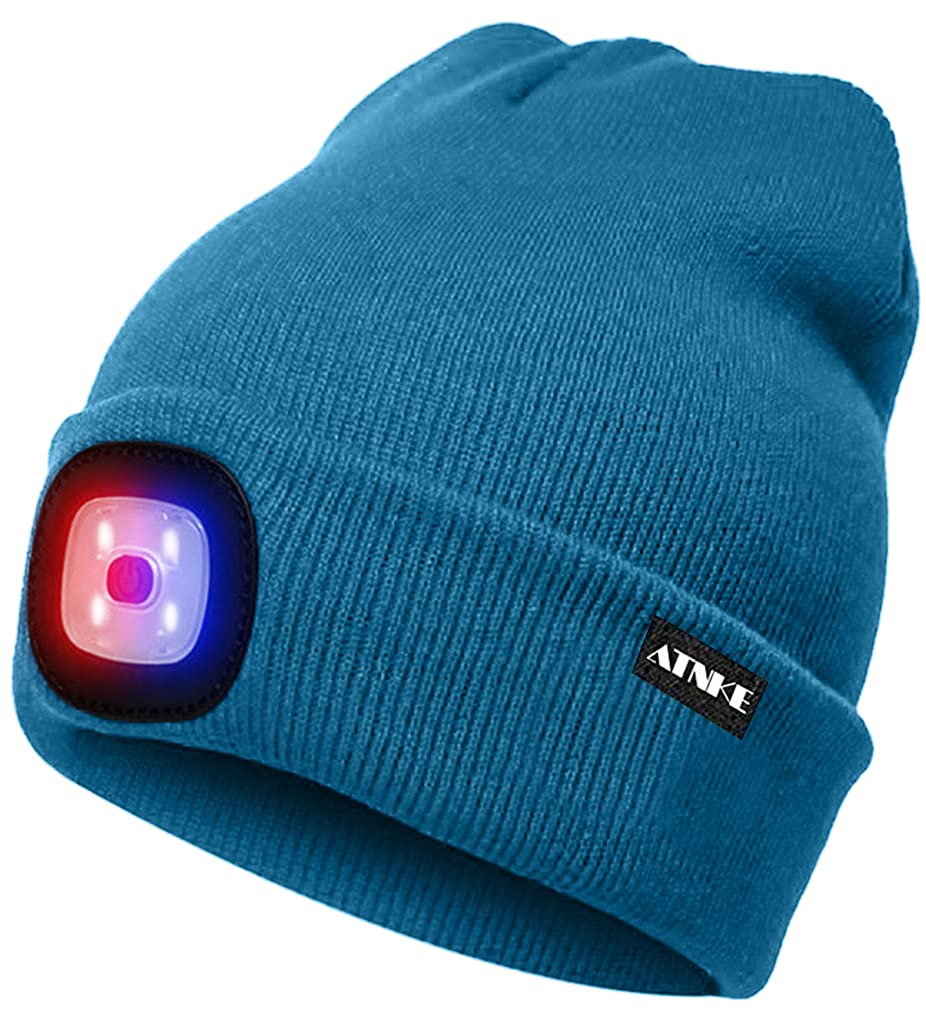 ATNKE LED Beleuchtete Mütze,Wiederaufladbare USB 4 LED Rot und Blau Leuchten Blinkender Laufmütze mit Licht Extrem Heller Lampe Winter Warme für Herren und Damen Geschenke