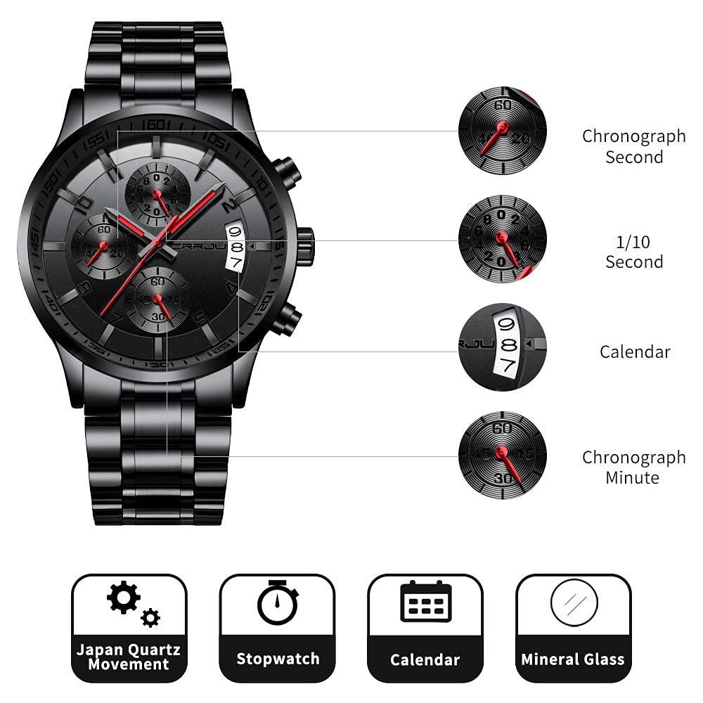 CRRJU Herren Uhr Business Edelstahl wasserdichte Chronographen mit Kalender Armbanduhr Edelstahlband Stoppuhr Analog Quarzuhr