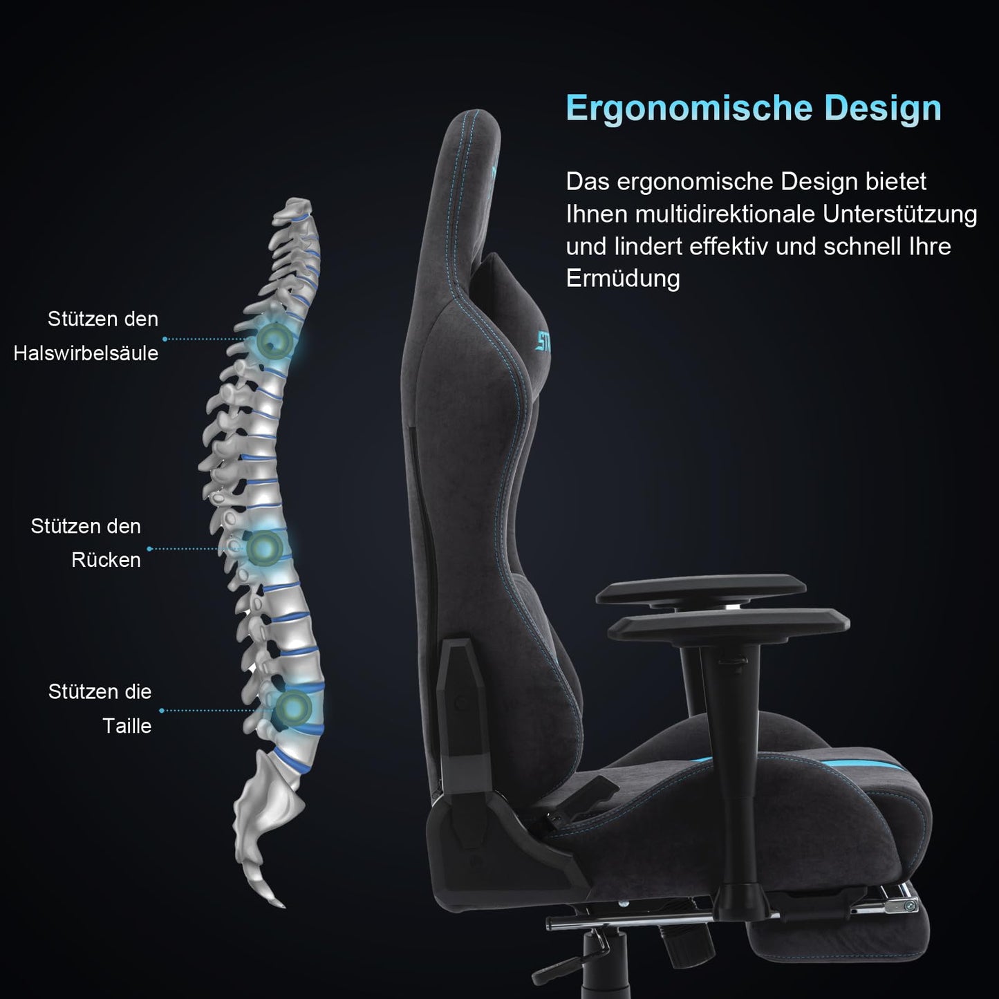 STARUZI Gaming Stuhl aus Wildlederimitat Stoff, Ergonomischer PC Stuhl, Gamer Stuhl mit Fußstütze, Atmungsaktiver Game Drehsessel mit Verstellbare Armlehne, Grau-Grün