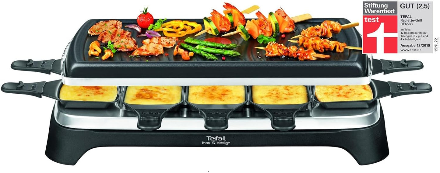 Tefal Raclette Grill Ambiance, Raclette 10 Personen, inkl. Tischgrill-Funktion, Grillplatte antihaftbeschichtet + spülmaschinengeeignet, abnehmbares 2 Meter-Kabel, schwarz, Edelstahl, 1350W, RE4588