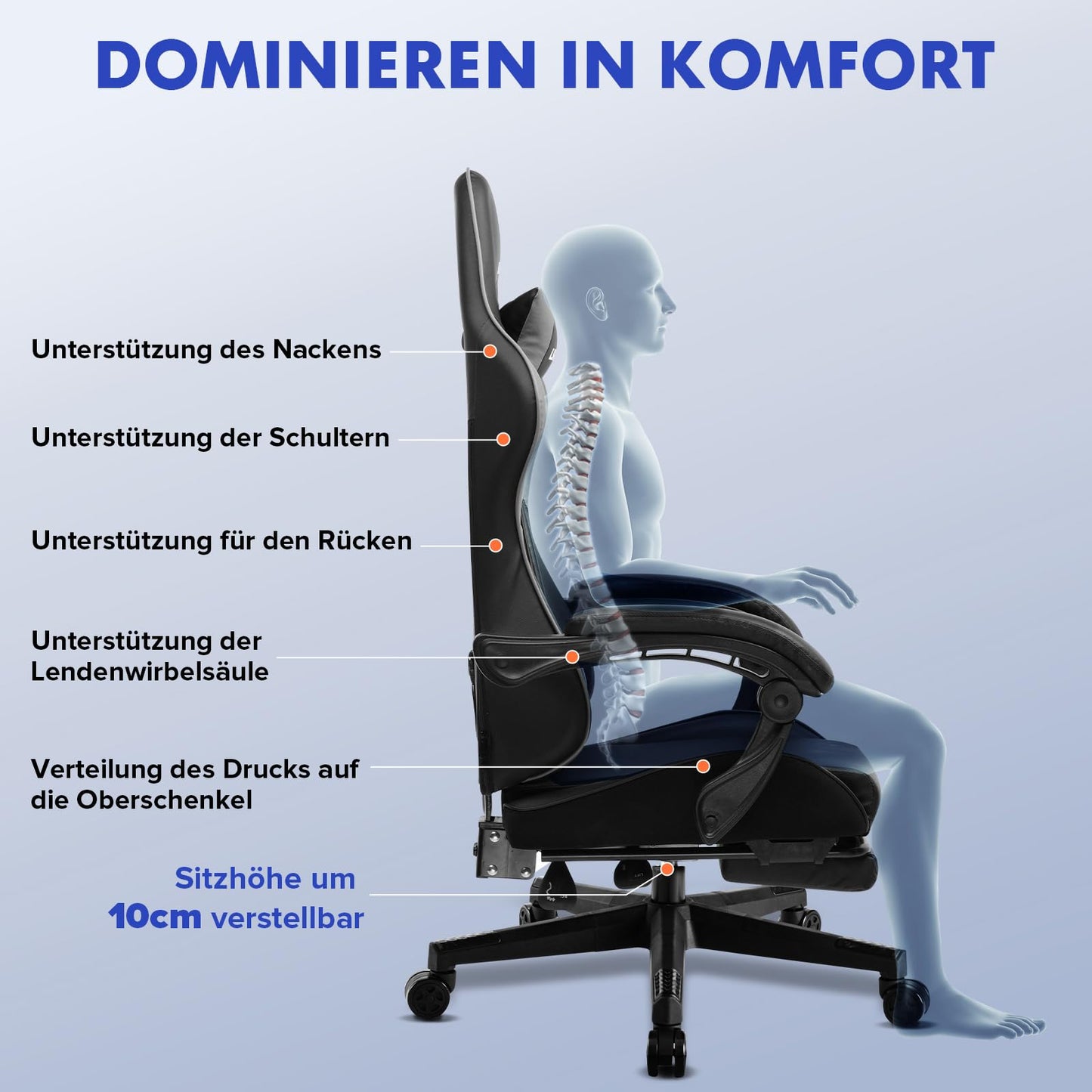LUCKRACER Gaming Stuhl mit fußstütze Bürostuhl Ergonomisch mit verstellbare Lendenkissen, Kopfkissen Gaming Chair,Höhenverstellbarer Gamer Stuhl, 150 kg Belastbarkeit Grau