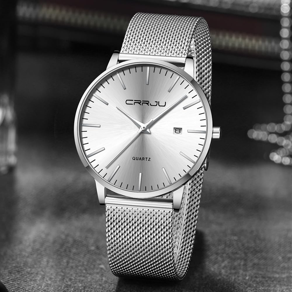 CRRJU Herren Uhr Ultra Dünne Wasserdicht Armbanduhr Herren Mode mit Schwarz Edelstahlband Mesh Analog Quarz Business Männer Uhren