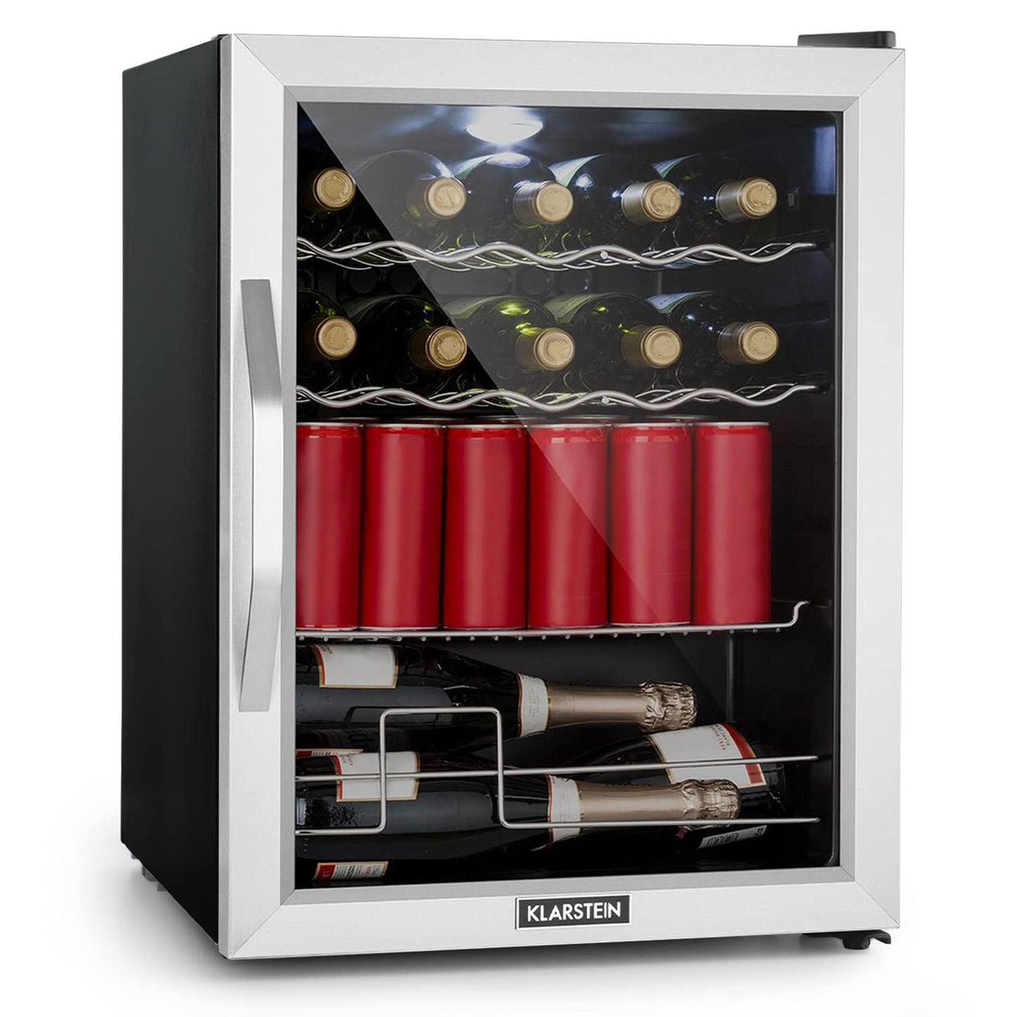 Klarstein Mini Fridge with Glass Door, Mini, for Room, Drinks Fridge Small with Adjustable Shelves, with Waveform Racks, 60 Liter Refrigerator Quiet